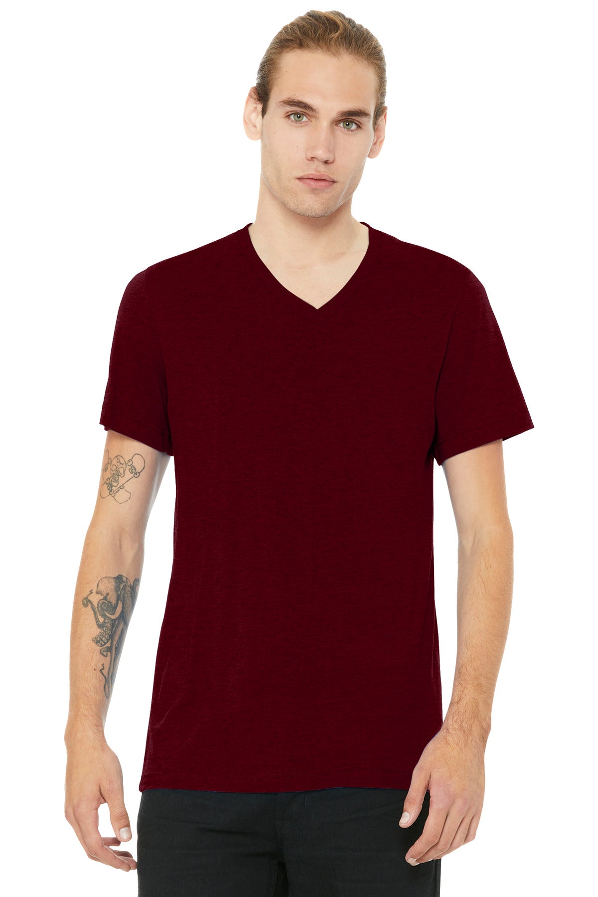 Full front print on BELLA+CANVAS heather v-neck tee