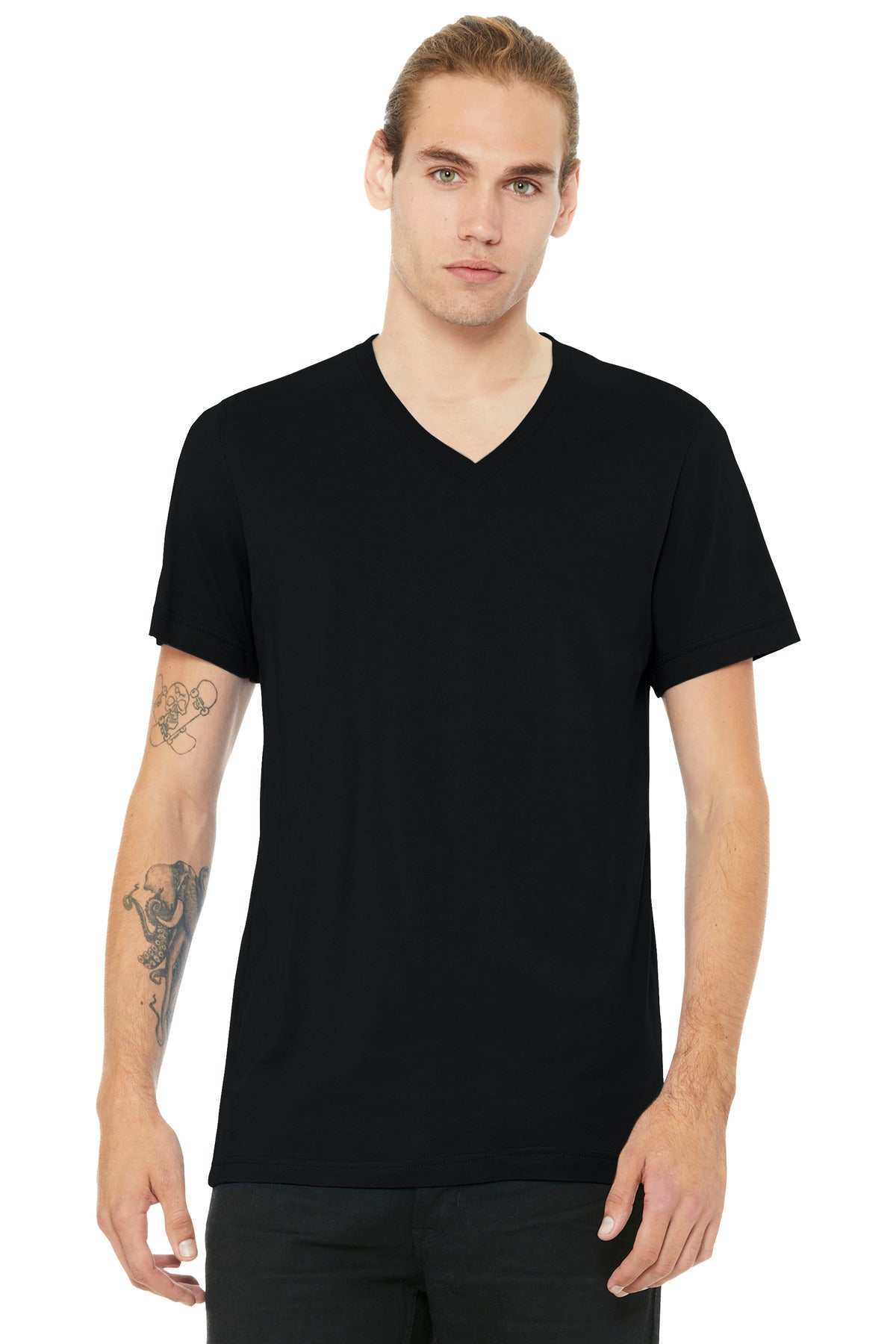 Custom event v-neck tee with subtle chest logo design