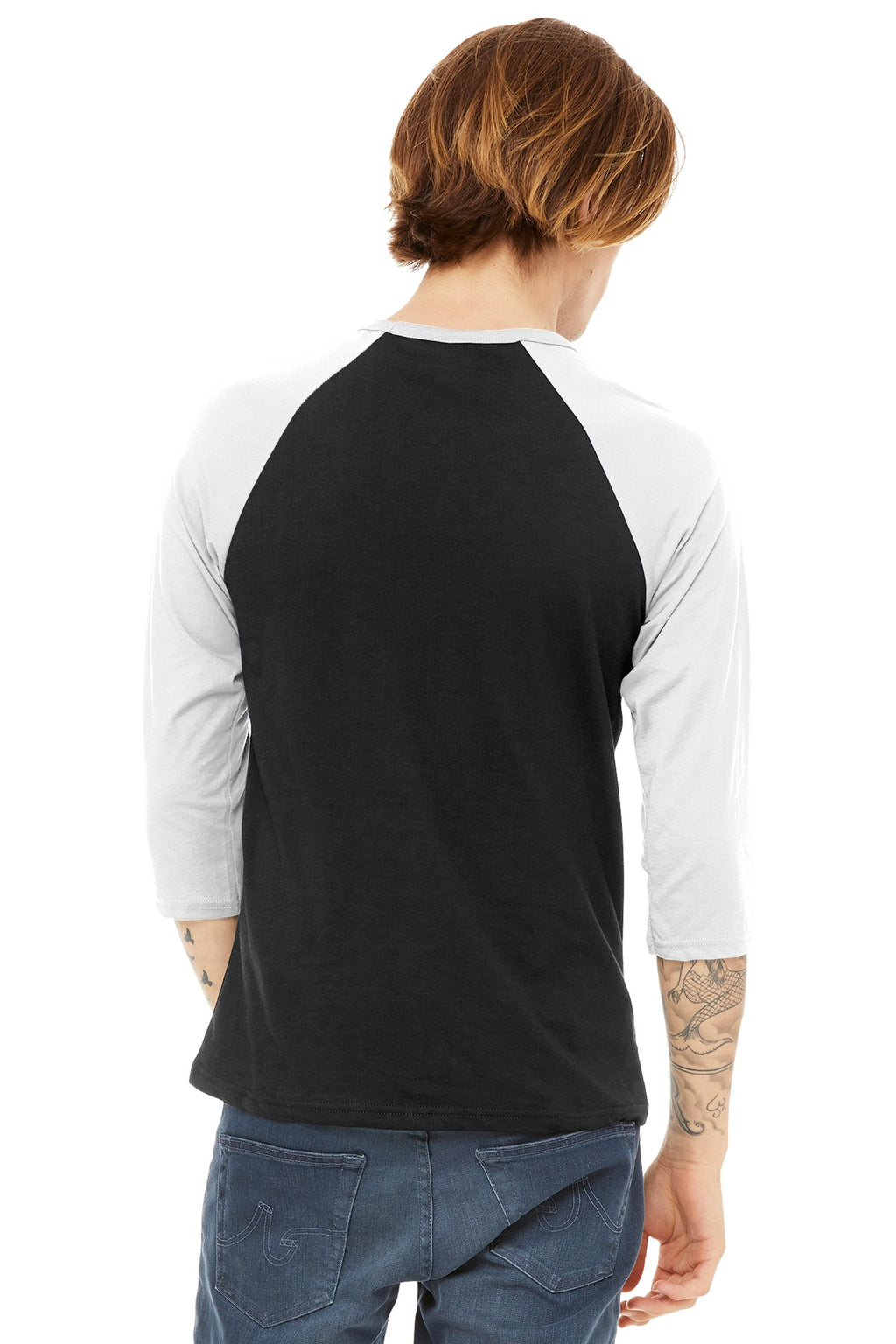 White and navy baseball tee back view