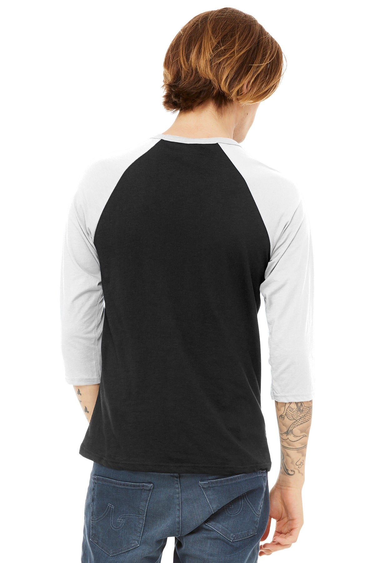 White and navy baseball tee back view