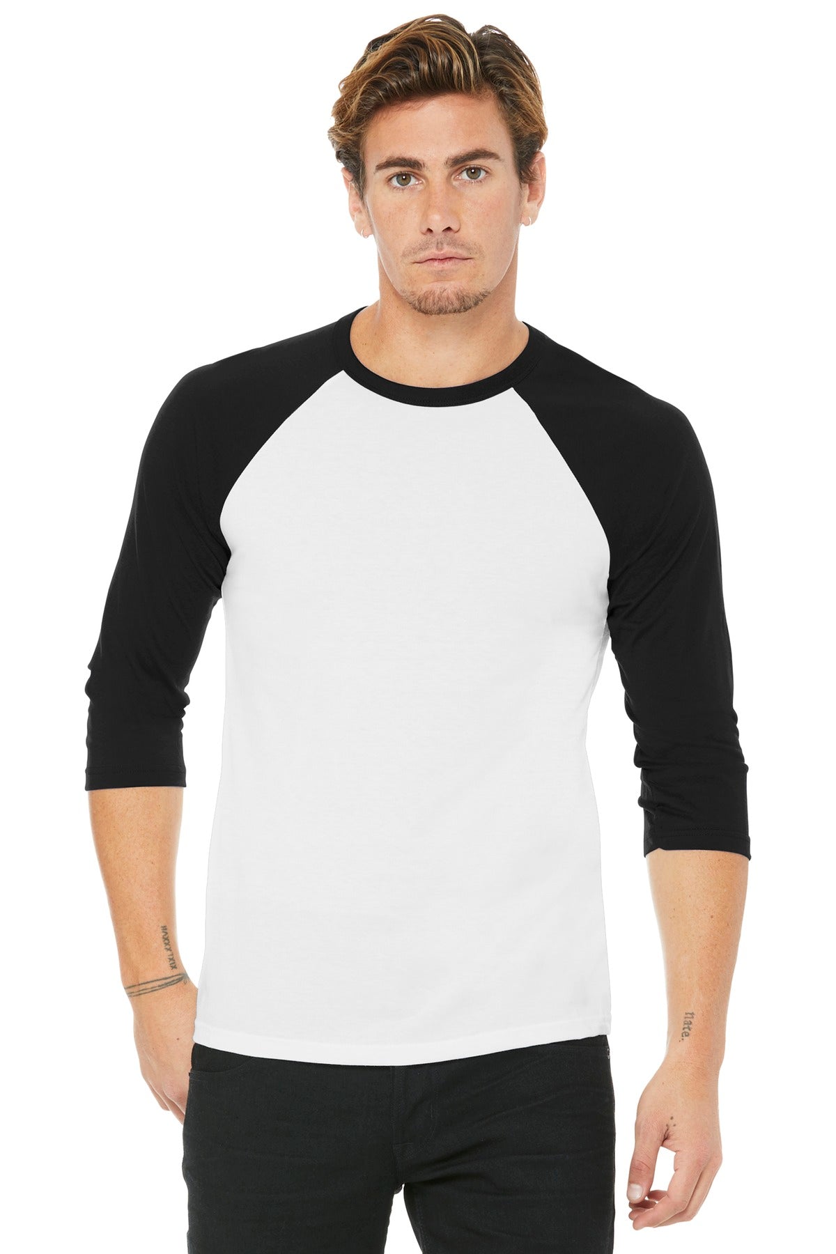 Blank 3/4-sleeve baseball tee flat lay for custom team apparel