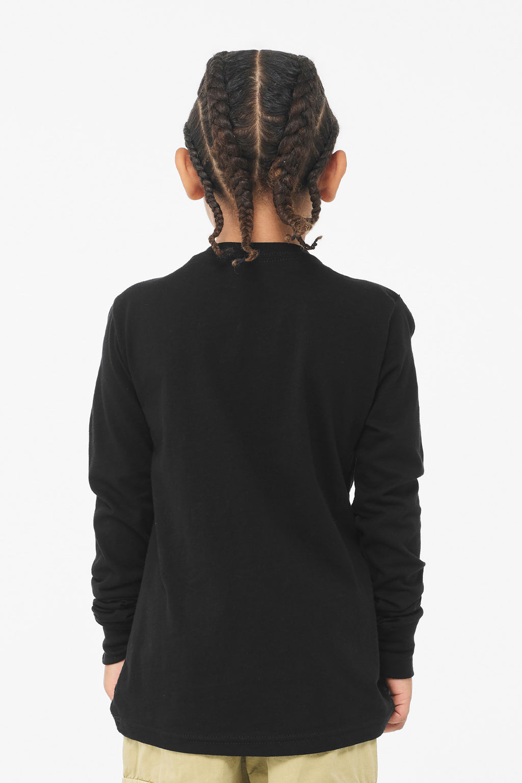 Black BELLA+CANVAS youth long sleeve tee back view.