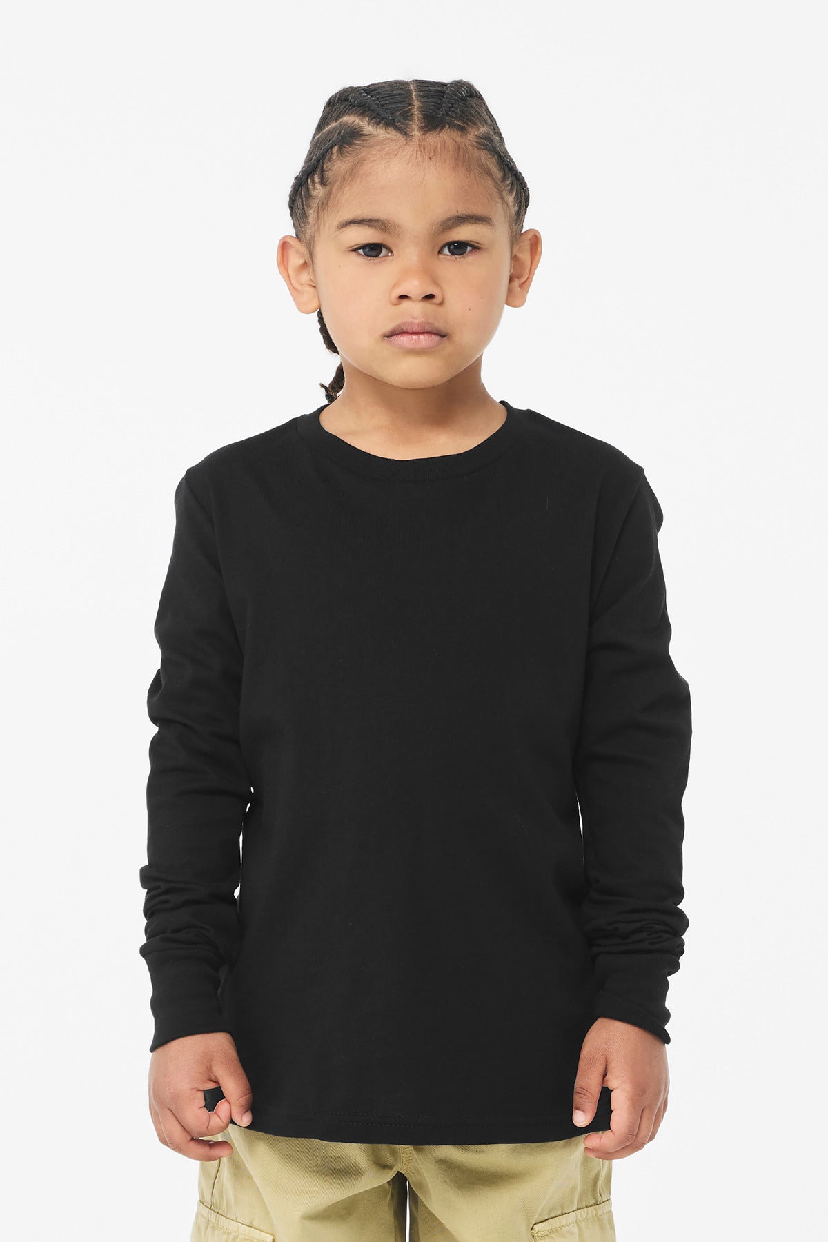 Youth long sleeve tee side seam close-up