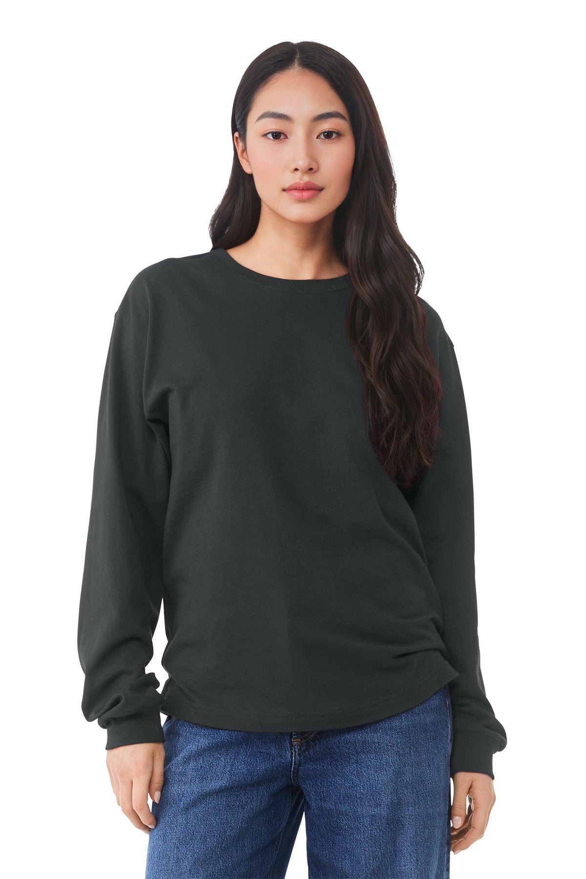 Heavyweight jersey long sleeve tee on model for custom merch