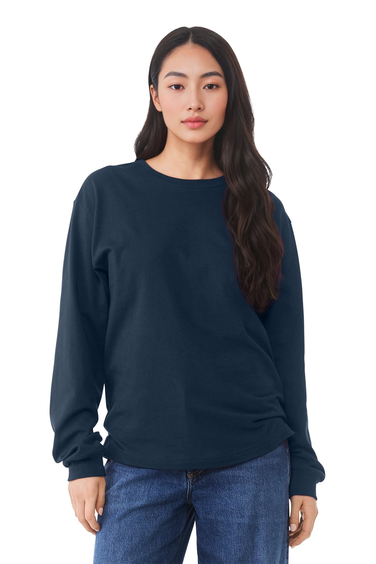 Blank unisex long sleeve shirt on model for premium custom merch