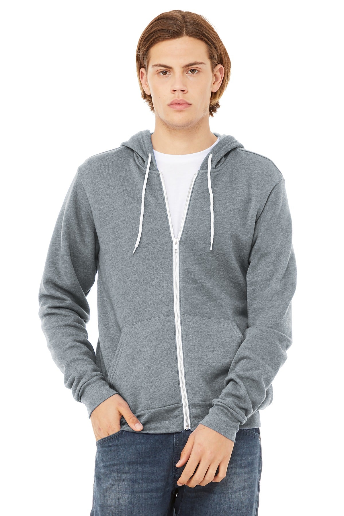 Sponge fleece texture close-up on blank full-zip hoodie for premium printing