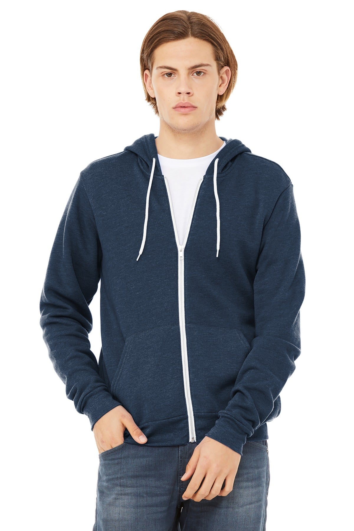Blank sponge fleece full-zip on rack for same day custom apparel