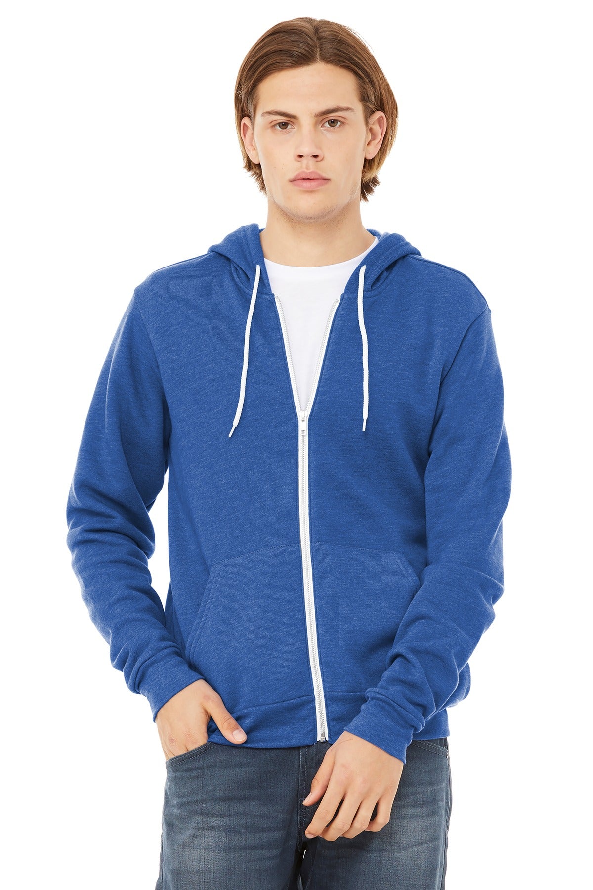 Side angle of blank full-zip hoodie for custom company apparel