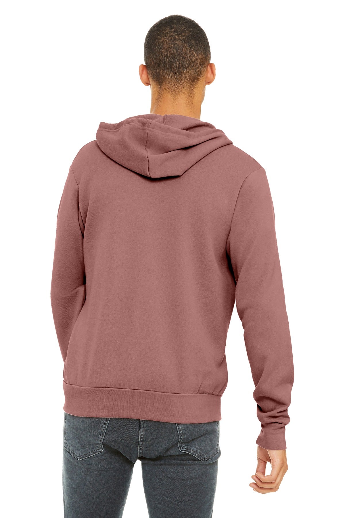 Blank zip-up hoodie back neckline detail for custom logo placement