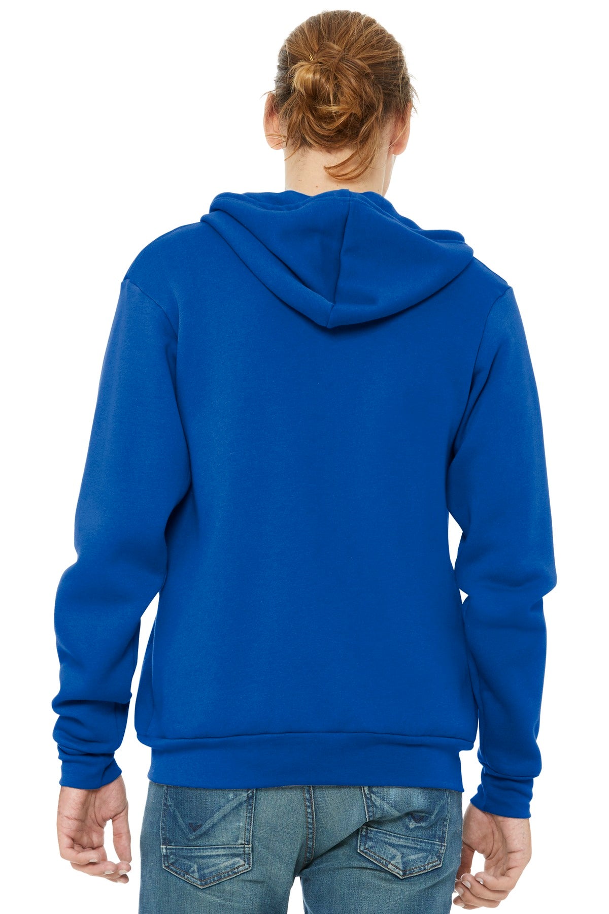 Blank BELLA+CANVAS full-zip hoodie on model for branded merch