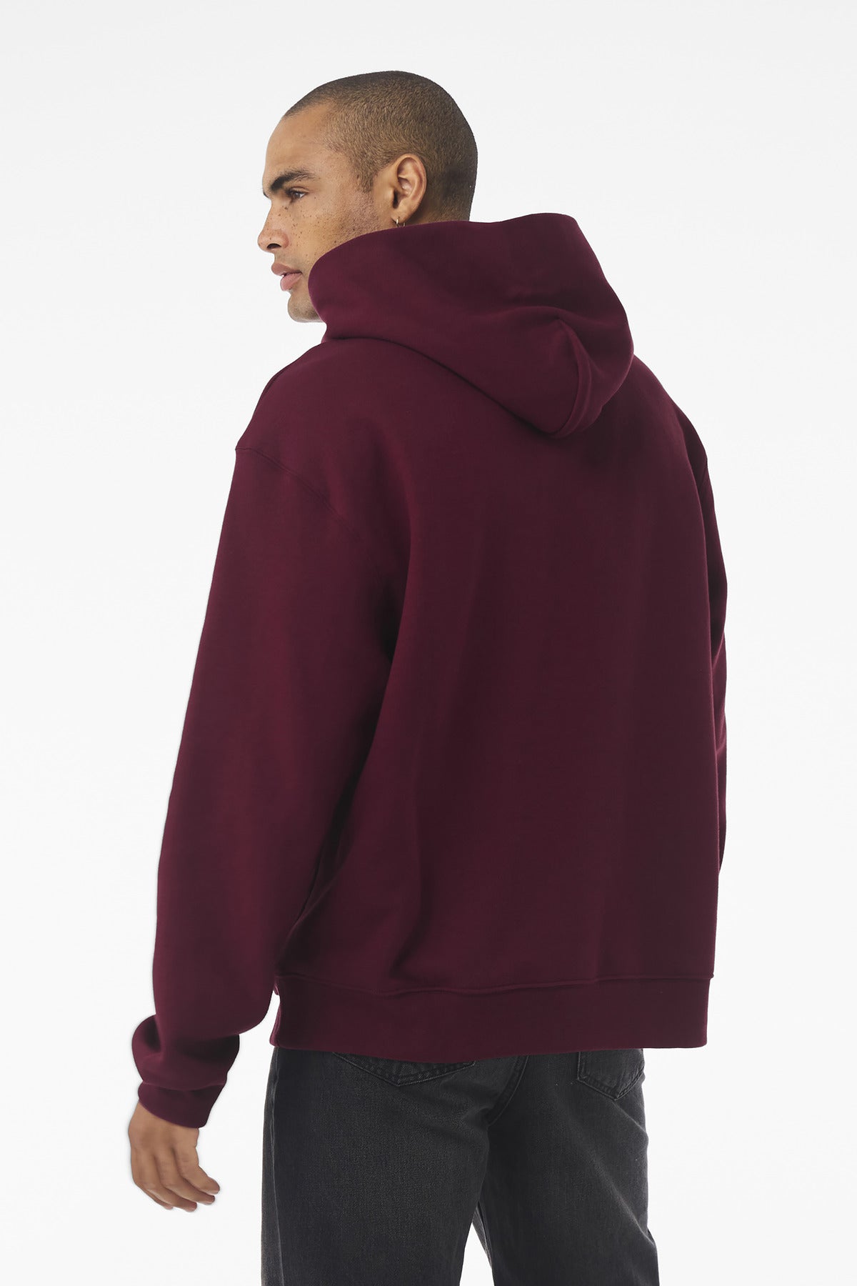 Maroon heavyweight hoodie front and hood detail