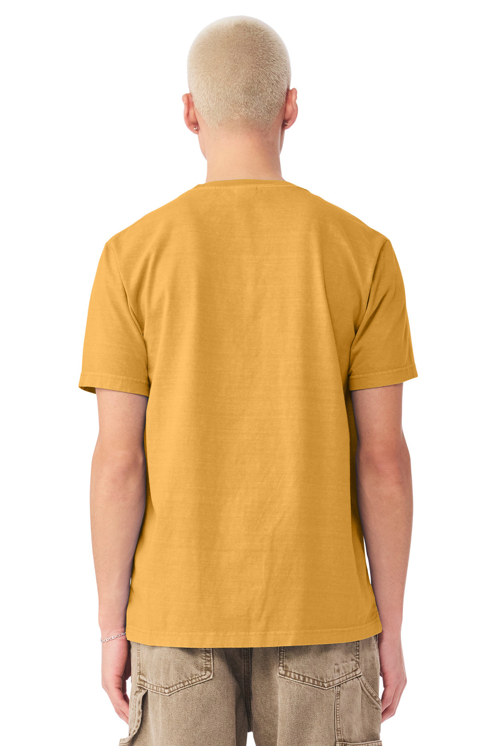 Blank cotton tee on model for rush order custom merch