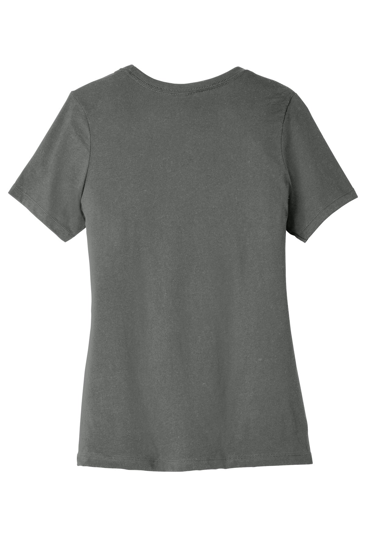 Close-up neckline view of BC6400 custom printed t-shirt showing relaxed women’s fit and retail finish