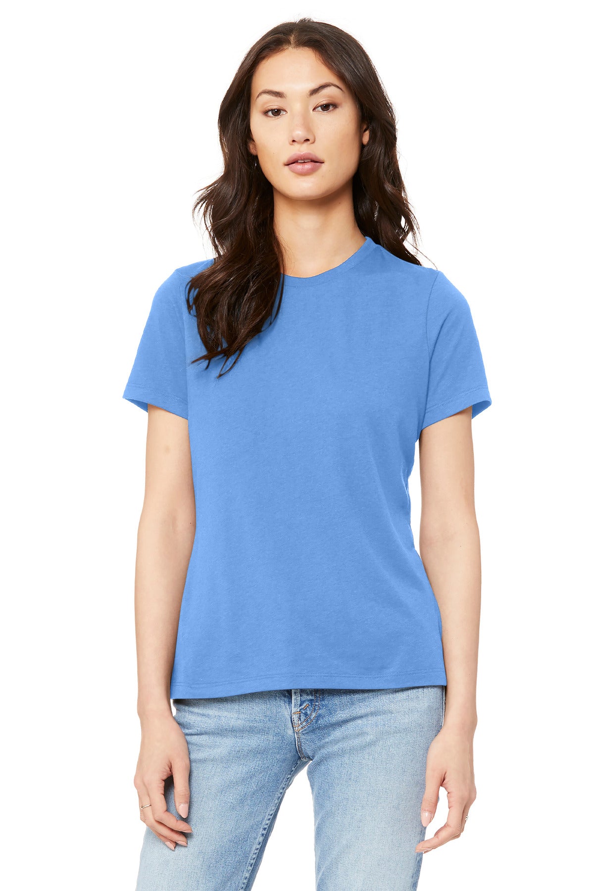 DTG-ready BELLA+CANVAS BC6400 women’s relaxed tee photographed flat for ecommerce product listings