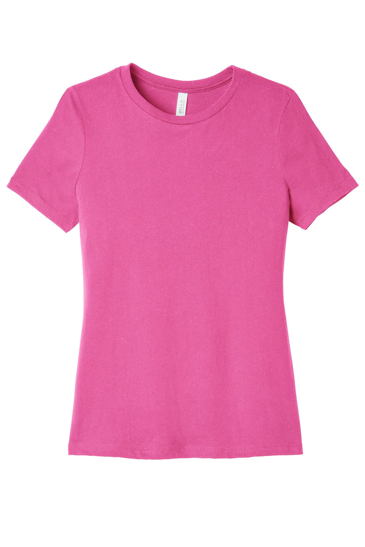 Women’s relaxed tee front and sleeve detail for wholesale custom t-shirts with premium print surface