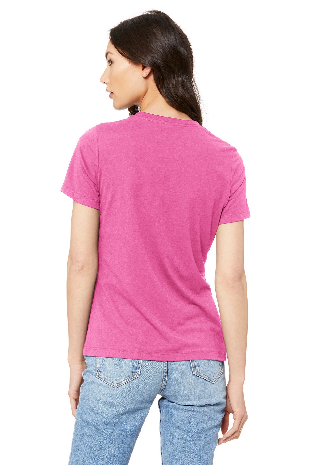Custom printed t-shirt on BELLA+CANVAS BC6400 styled with jeans for casual boutique lifestyle branding