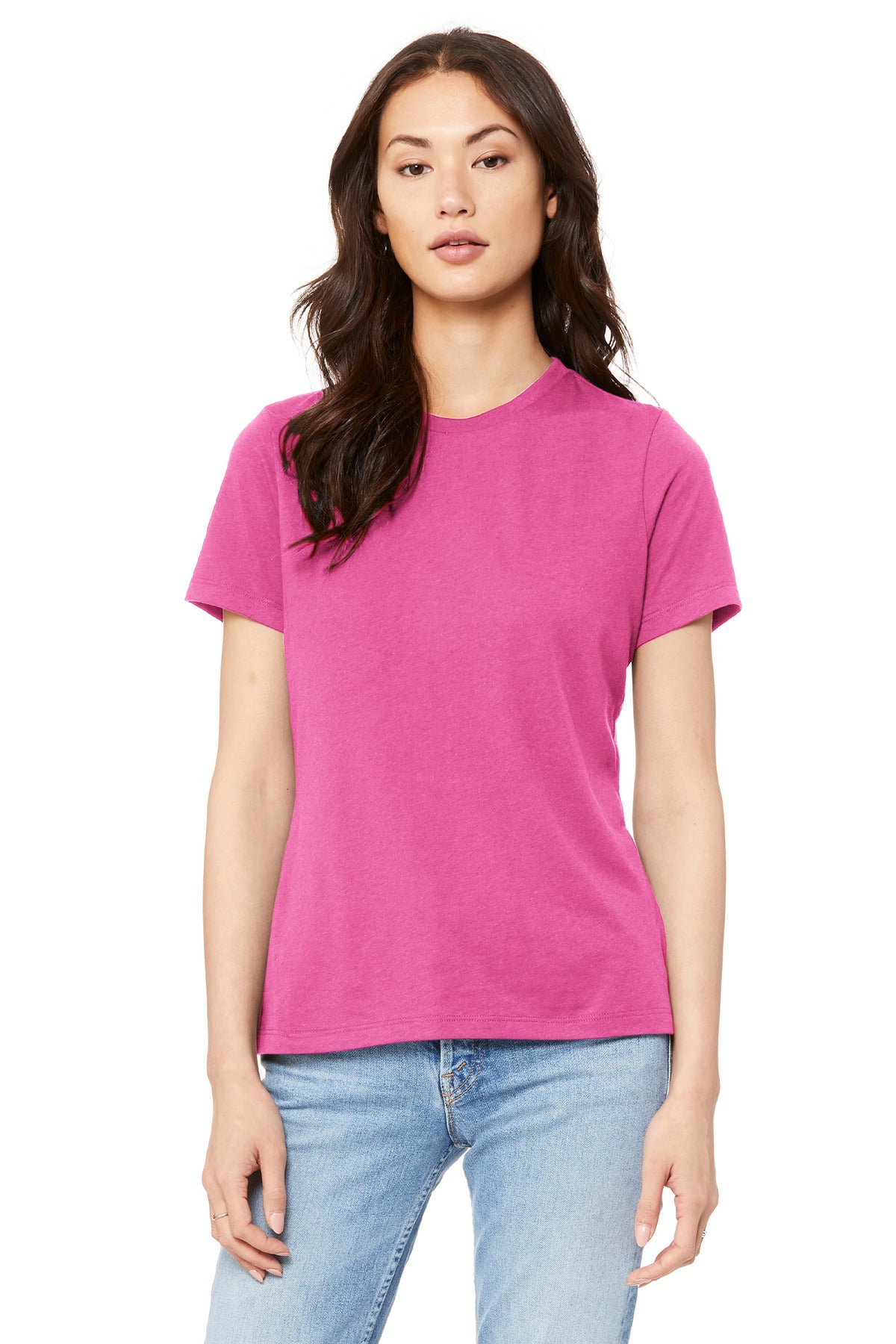 Fashion flat lay of BC6400 women’s relaxed jersey tee for custom printed t-shirt online store listing