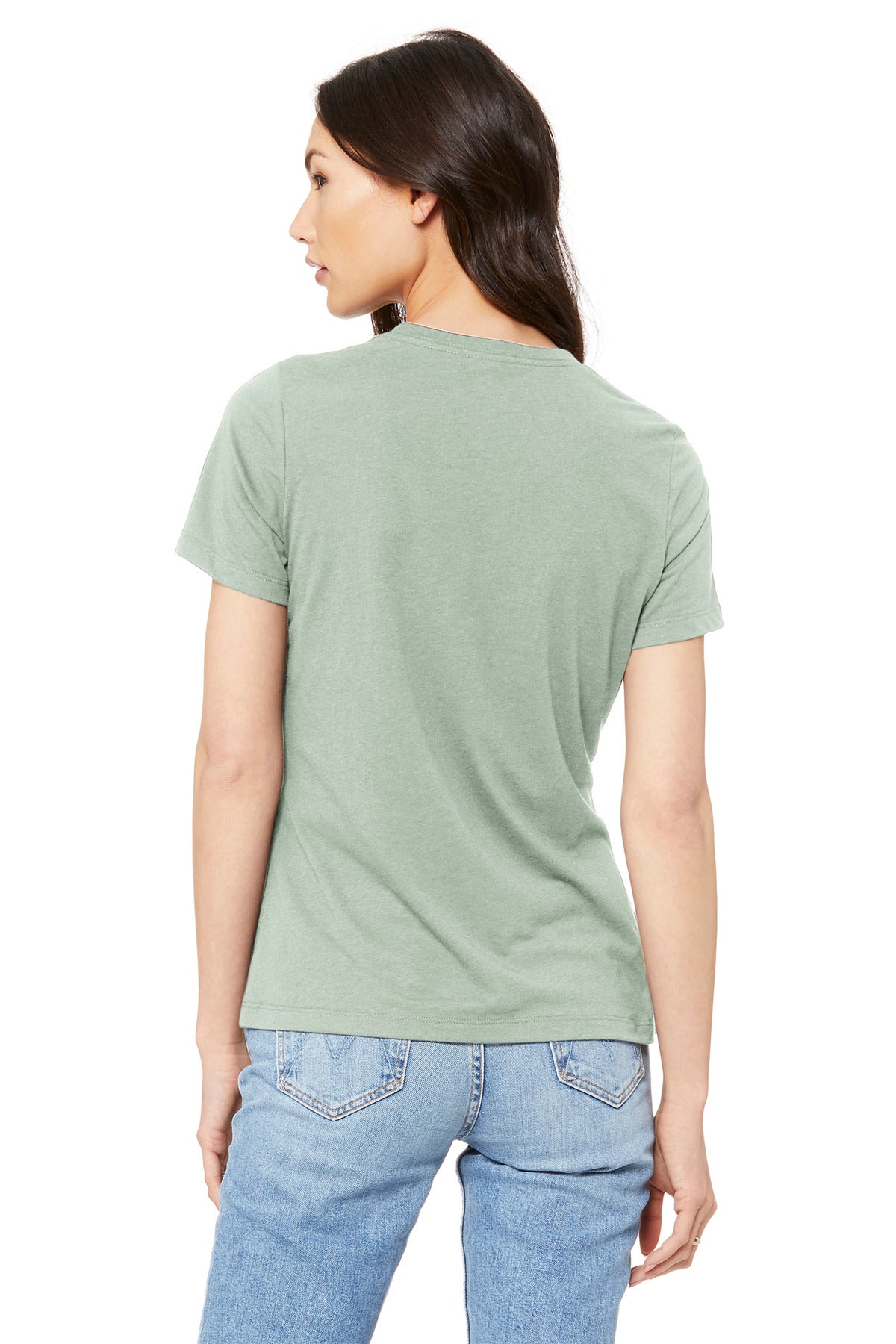 Lifestyle image of BELLA+CANVAS women’s relaxed tee worn as a custom printed t-shirt for everyday fashion