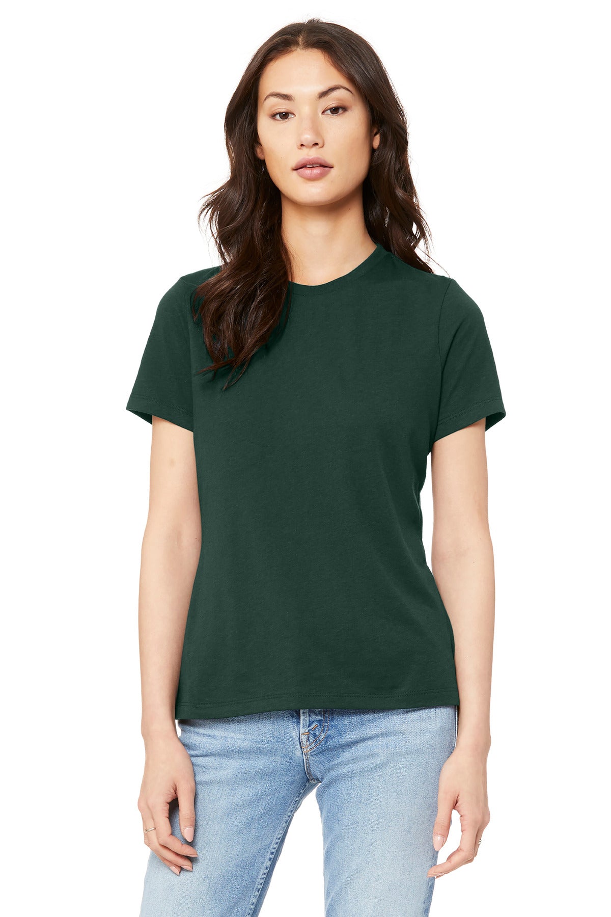 Front chest DTG print example on BELLA+CANVAS BC6400 women’s relaxed jersey tee