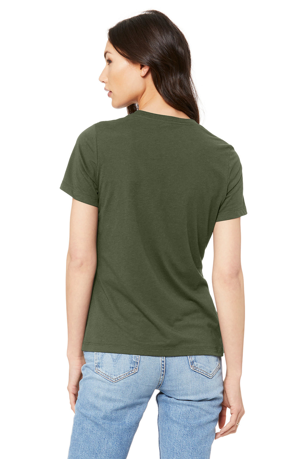 Front view of BELLA+CANVAS women’s relaxed tee with full front custom printed t-shirt graphic