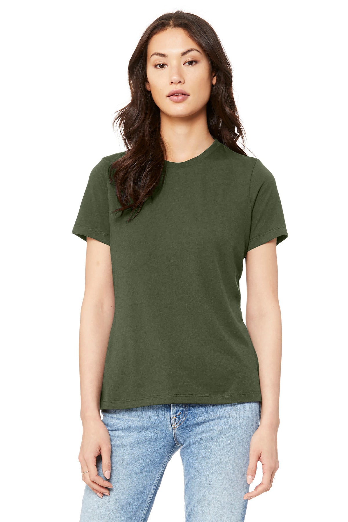 BELLA+CANVAS BC6400 wholesale custom t-shirts mockup showing relaxed women’s fit and soft jersey fabric