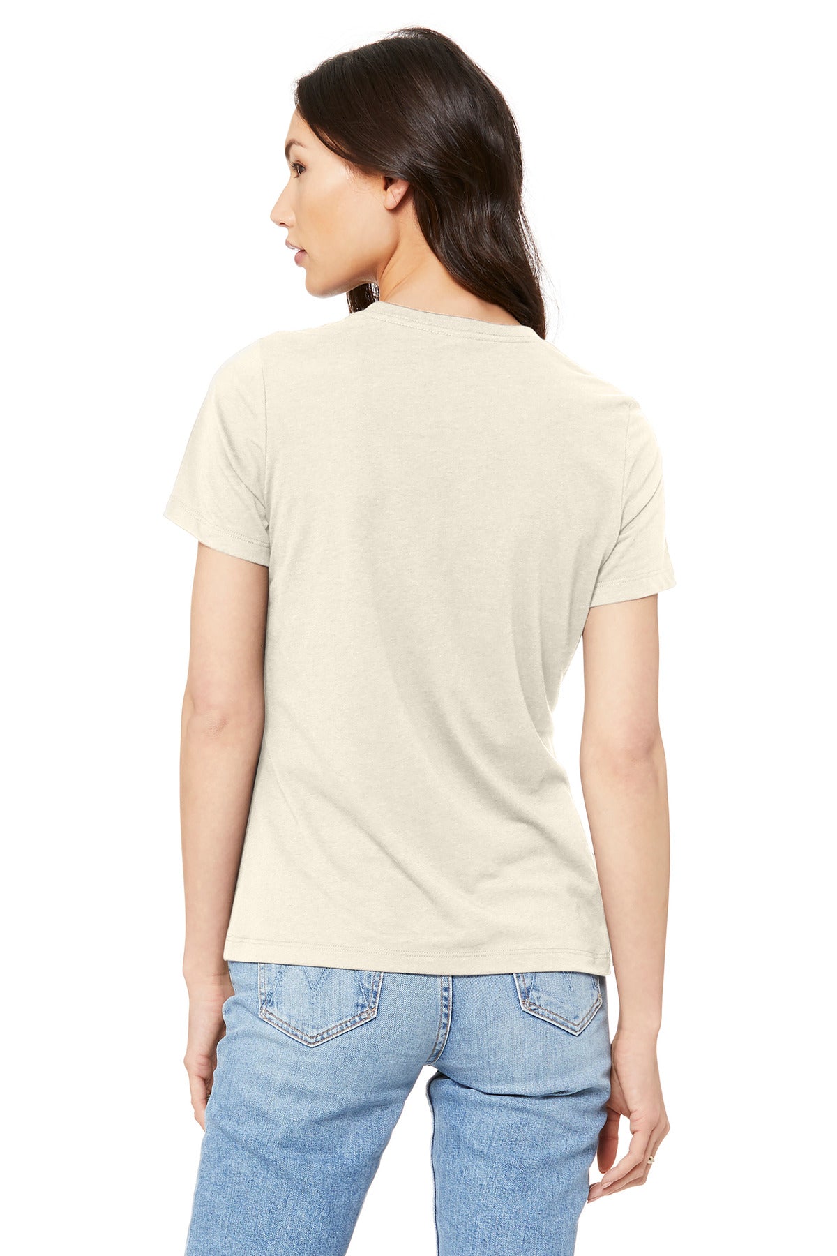 Front chest logo placement on BELLA+CANVAS BC6400 for branded staff apparel and company wear