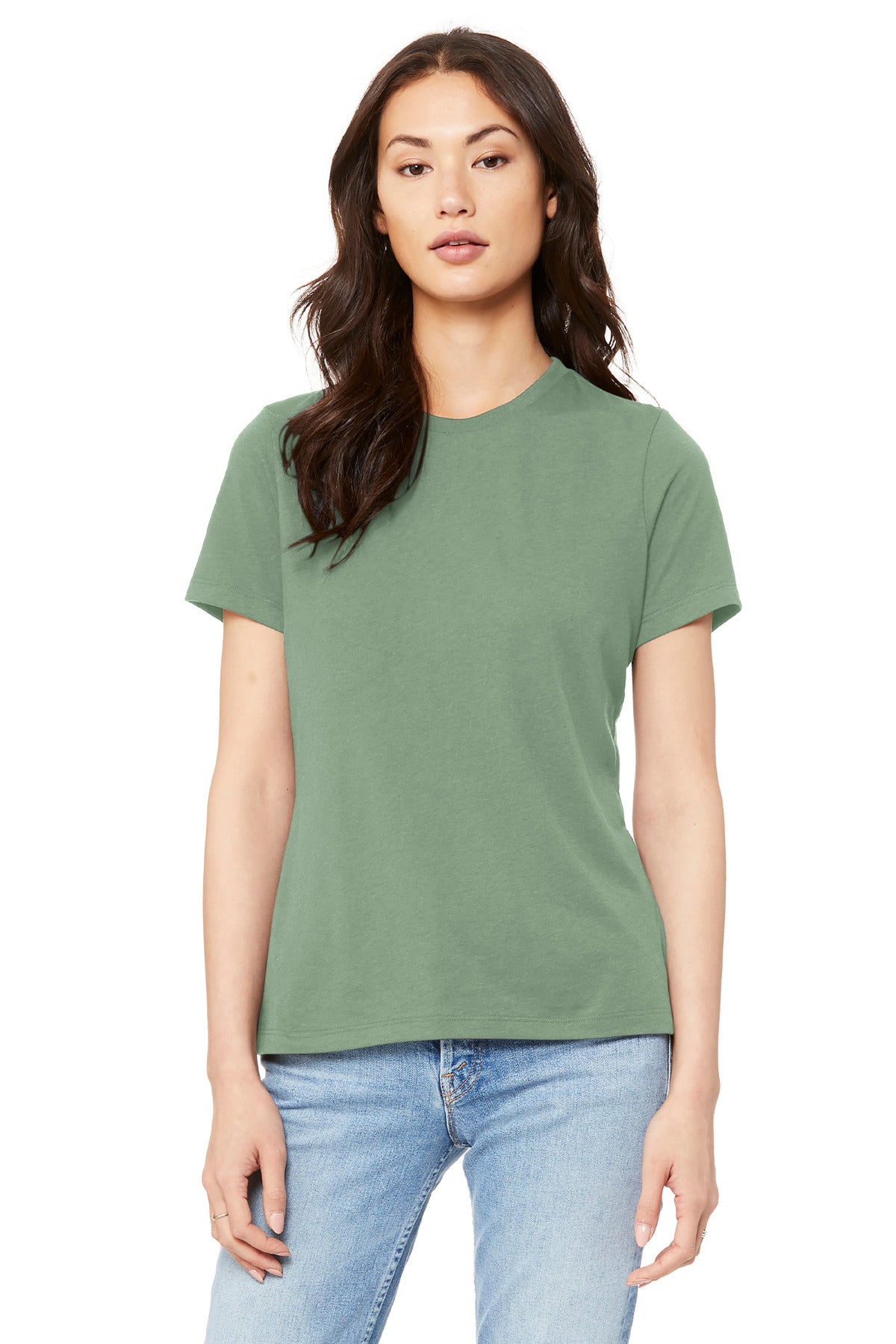 Women’s relaxed fit blank t-shirt hanging on rack for custom printing and merch collections