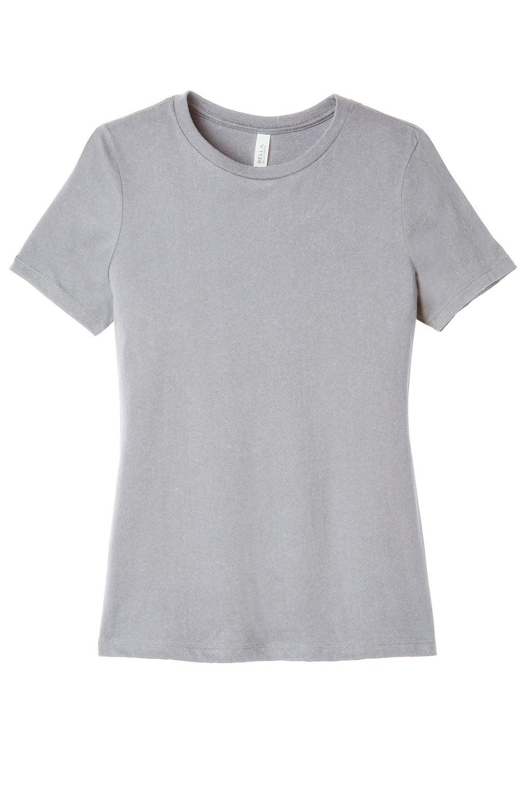 Women’s relaxed custom printed t-shirt mockup on BELLA+CANVAS BC6400 with centered chest design