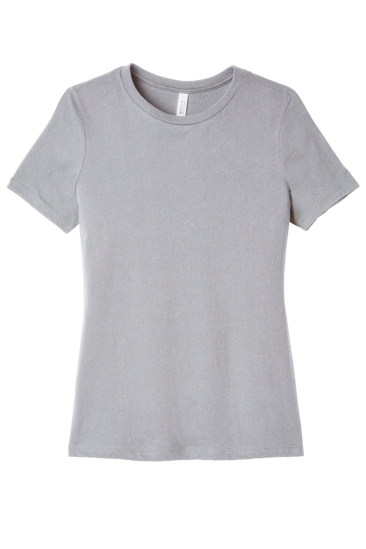 Women’s relaxed custom printed t-shirt mockup on BELLA+CANVAS BC6400 with centered chest design