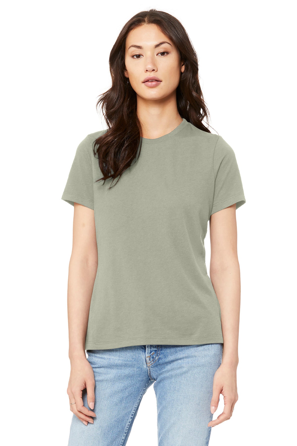 Side profile of relaxed women’s tee with custom printed t-shirt design and flattering drape