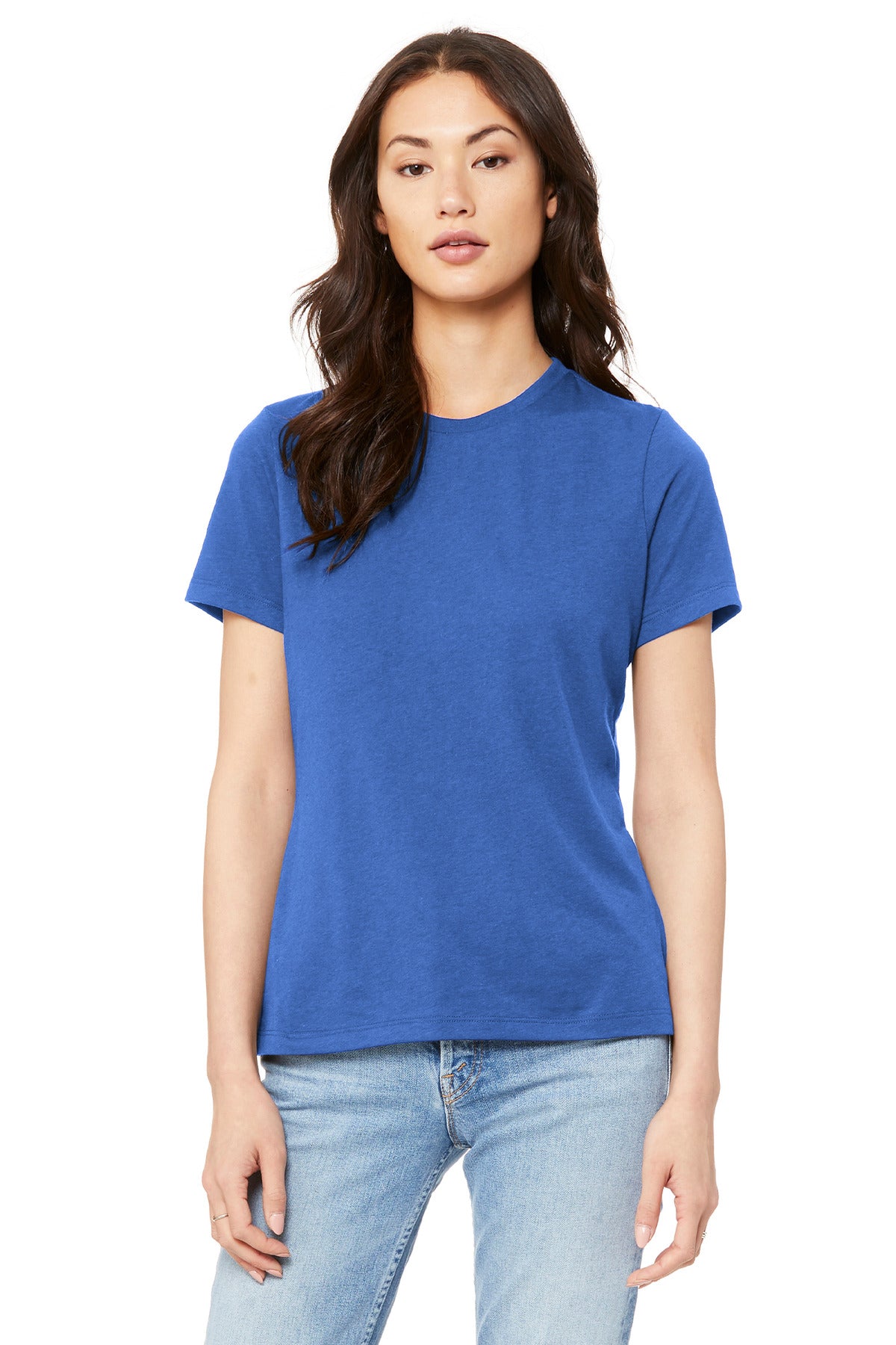 BC6400 women’s jersey tee mockup for DTG printing with centered chest design and retail presentation