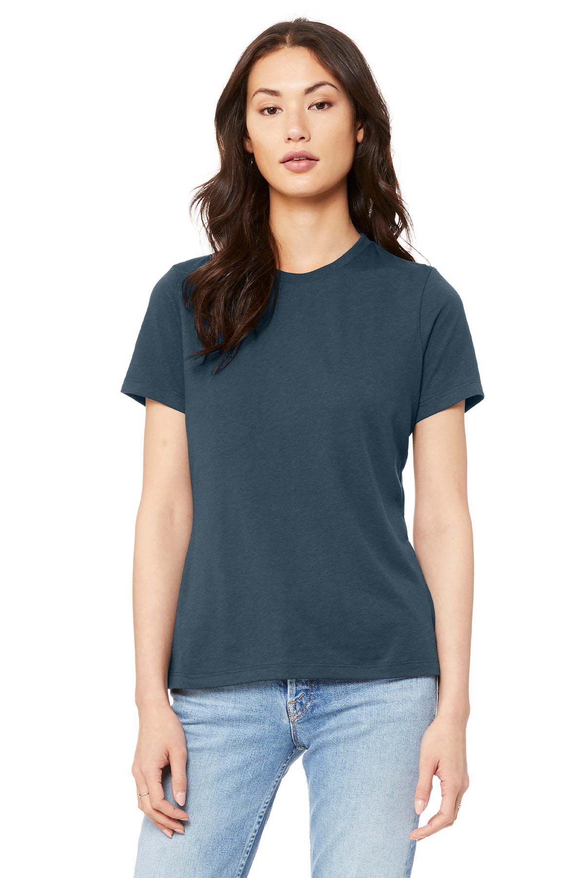 Women’s relaxed jersey tee close-up showing fabric texture suitable for DTG custom printing