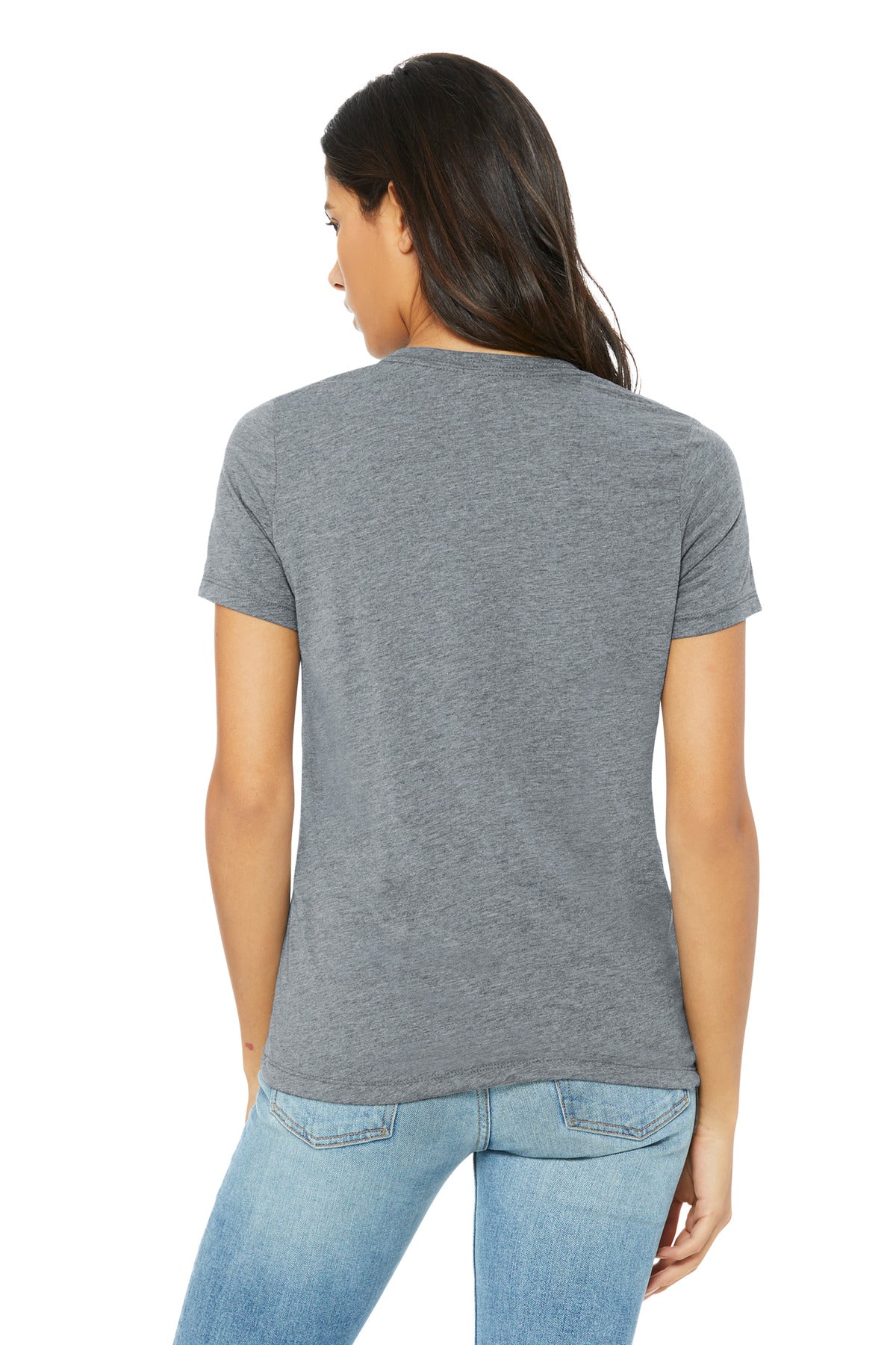 Blank women’s triblend shirt on model for premium branded apparel