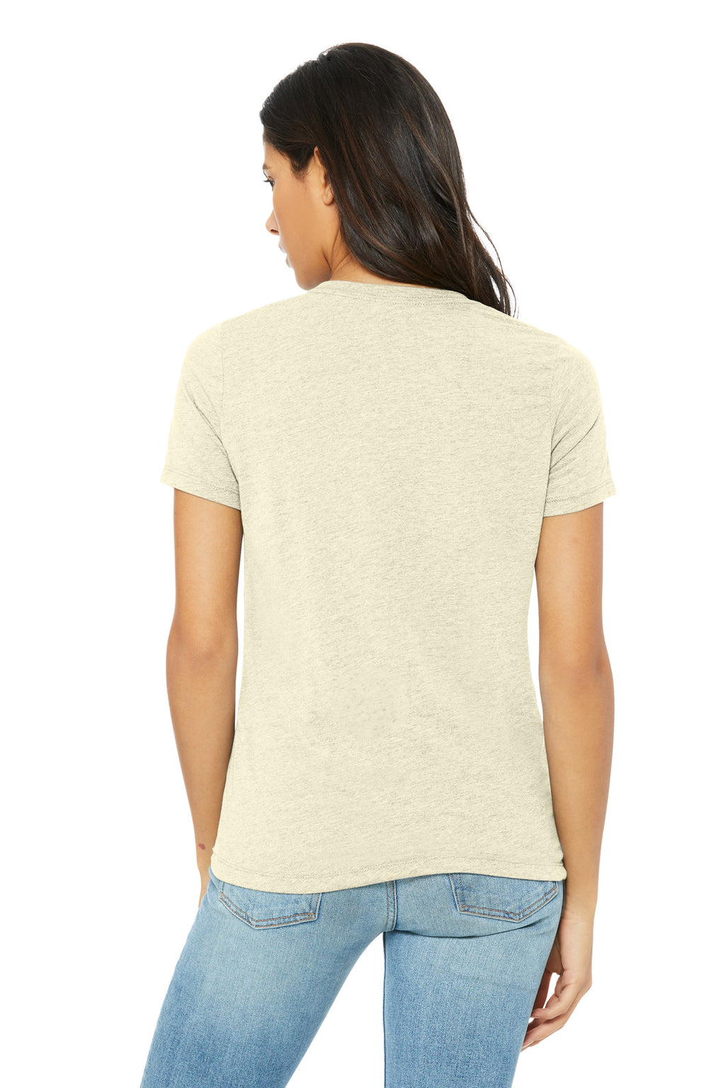 Blank women’s triblend tee back angle for custom event shirts