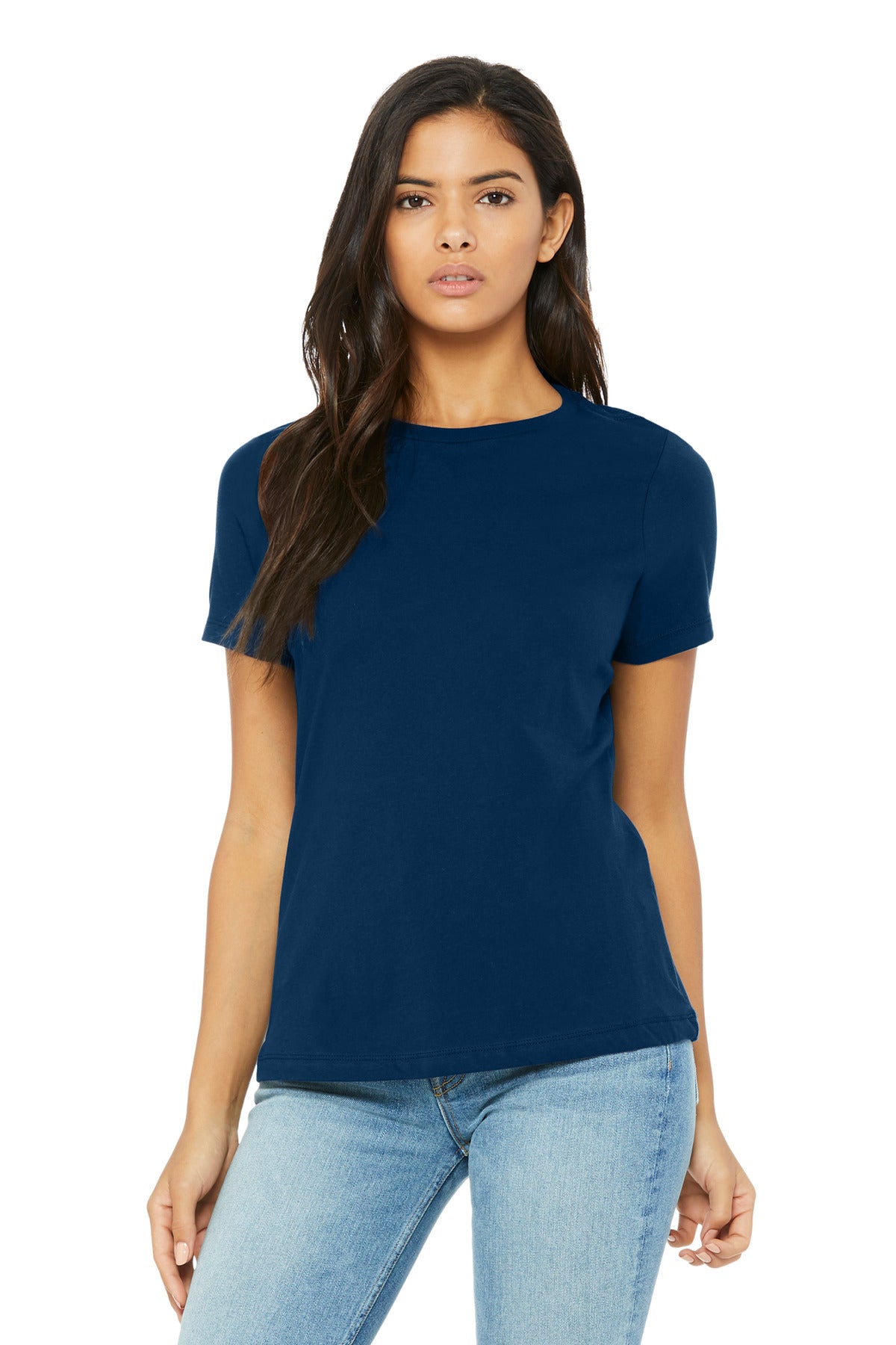 Blank relaxed women’s tee folded display for same day custom shirts