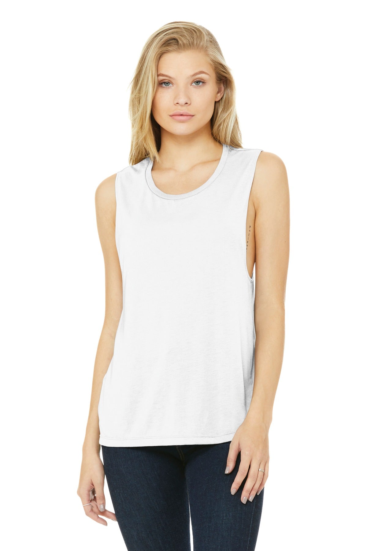 Tear-away label detail on BELLA+CANVAS muscle tank