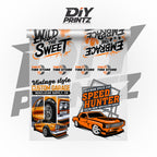Same Day DTF Transfers featuring vibrant vintage car designs and bold text graphics by DIY Printz.