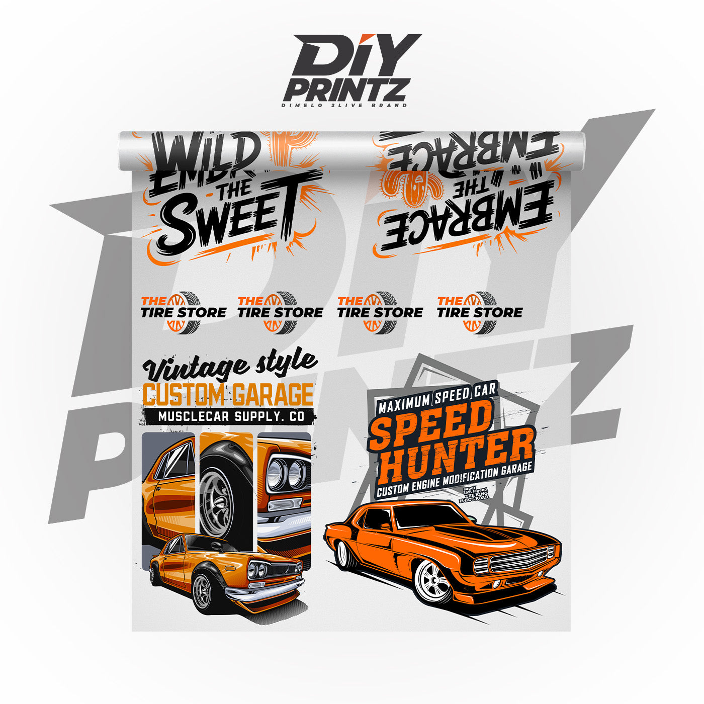Same Day DTF Transfers featuring vibrant vintage car designs and bold text graphics by DIY Printz.