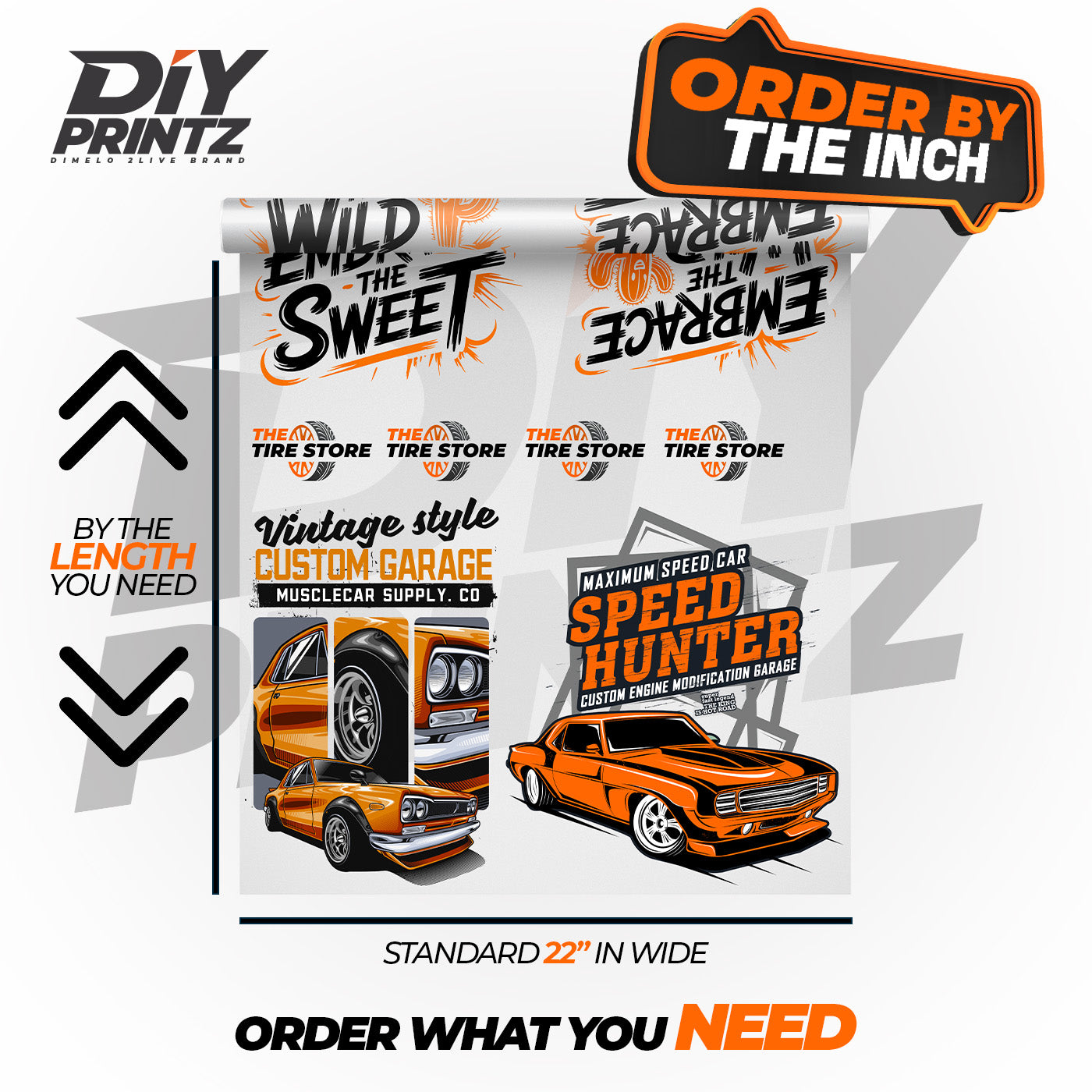 DTF Transfers Custom Gang Sheet by the Inch featuring vibrant graphics and customizable lengths for printing.