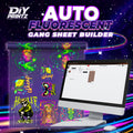 Neon Auto DTF Gang Sheet Builder showcasing fluorescent designs and an interface for customizing transfers.