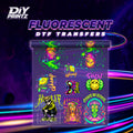 Neon Transfers featuring fluorescent DTF transfers showcasing vibrant designs that pop under blacklight.