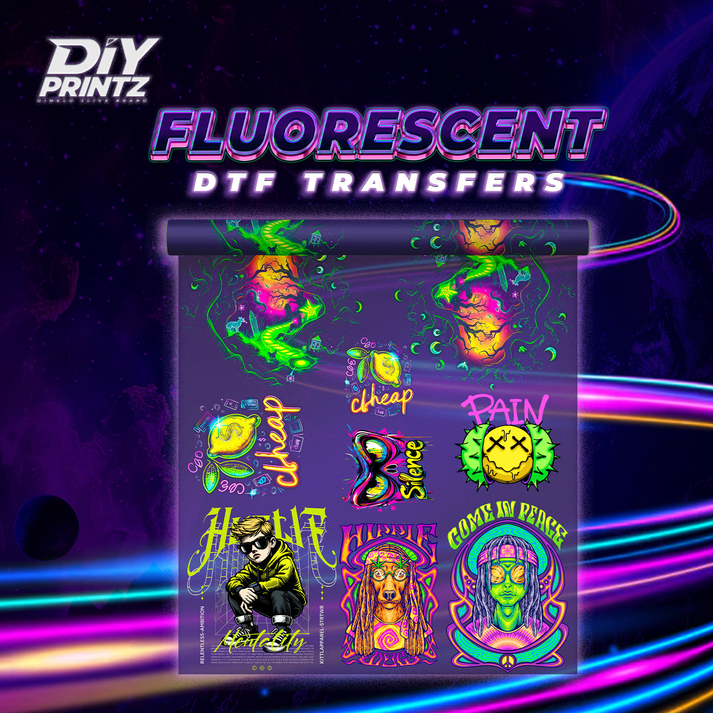 Neon Transfers featuring fluorescent DTF transfers showcasing vibrant designs that pop under blacklight.