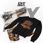 Same Day DTF Transfers on a black sweatshirt featuring a vintage car design and promotional graphics.