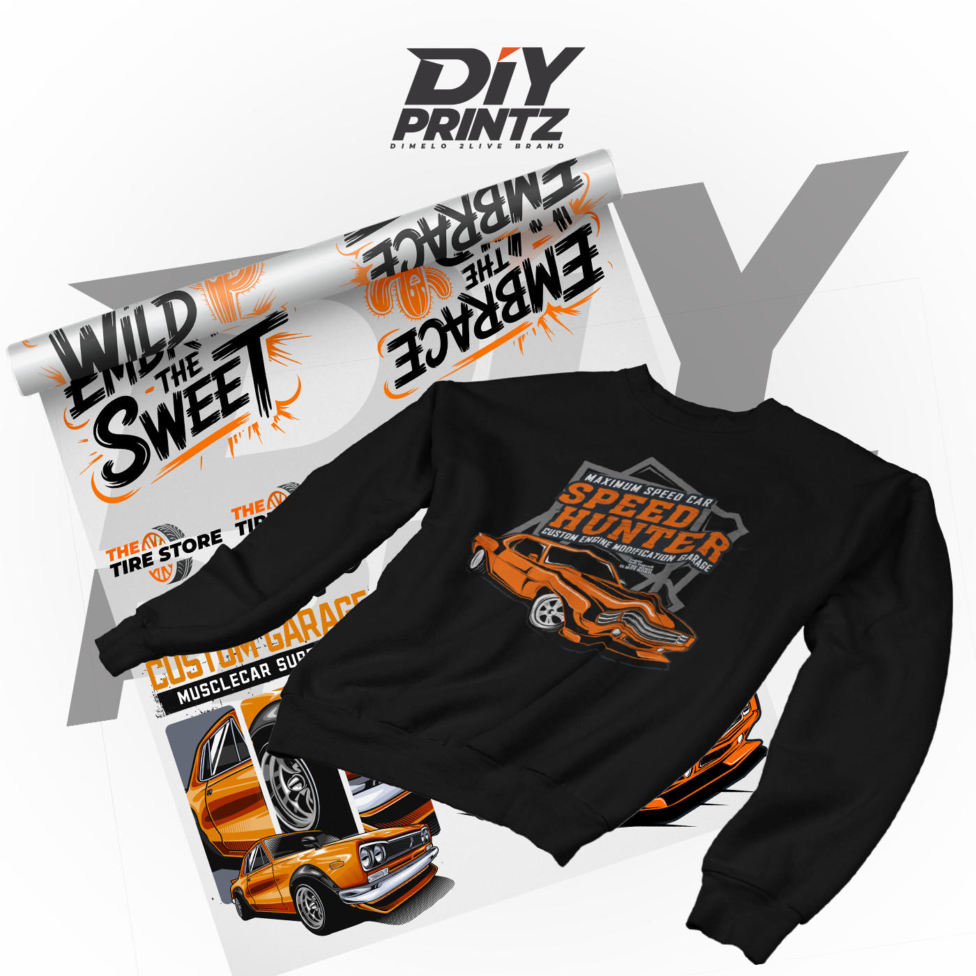 Same Day DTF Transfers on a black sweatshirt featuring a vintage car design and promotional graphics.