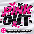 Close-up of a vibrant pink and black PINK OUT DTF transfer printed on a white T-shirt, showcasing realistic fabric texture, fine print details, superior stretchability, and flexibility.