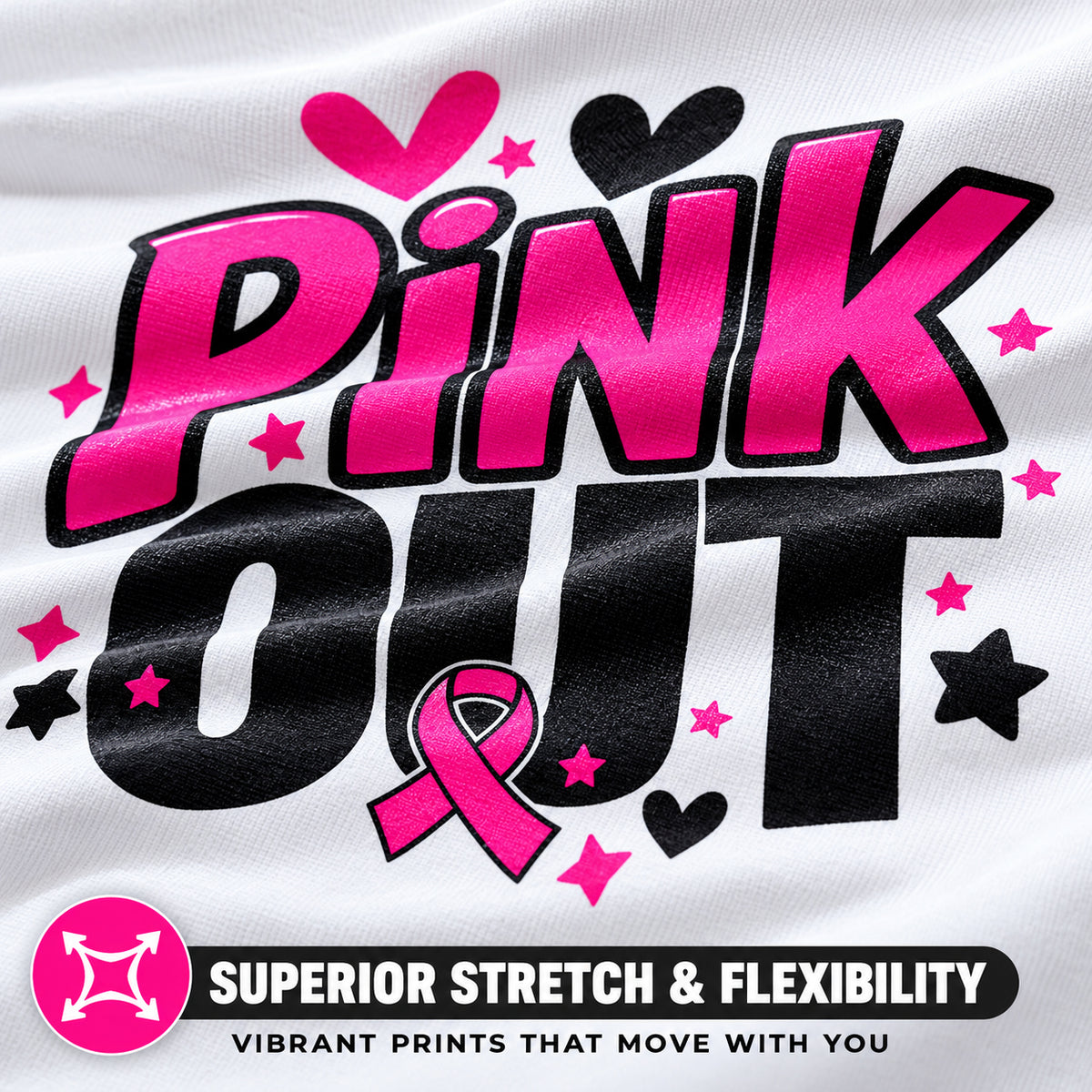 Close-up of a vibrant pink and black PINK OUT DTF transfer printed on a white T-shirt, showcasing realistic fabric texture, fine print details, superior stretchability, and flexibility.