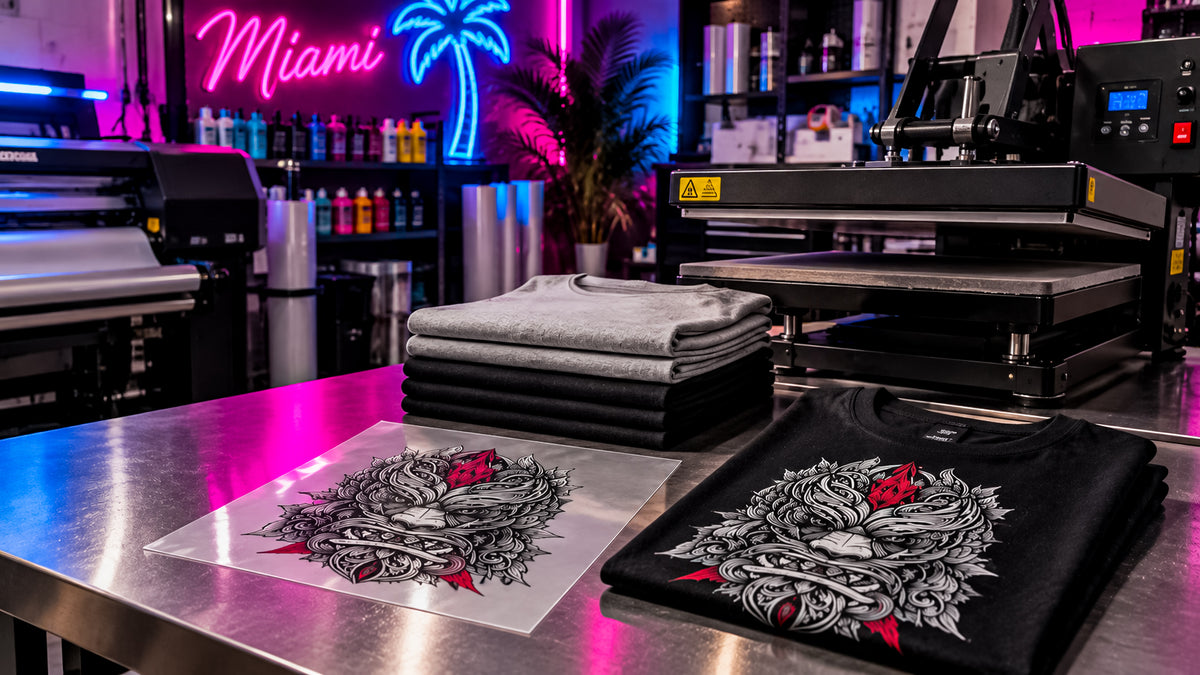 Contract DTF print and press service with heat press and folded blank apparel
