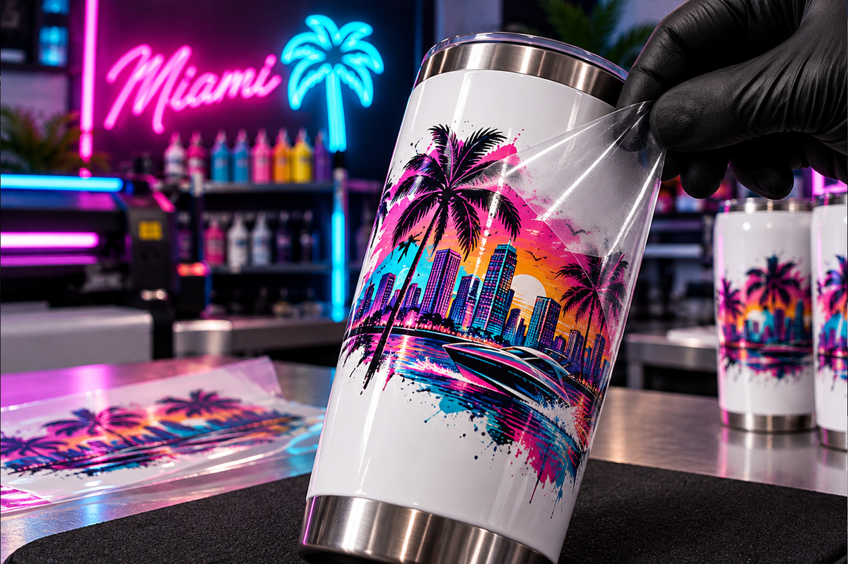 DIY Printz UV DTF decal being peeled off a black tumbler — glossy color burst