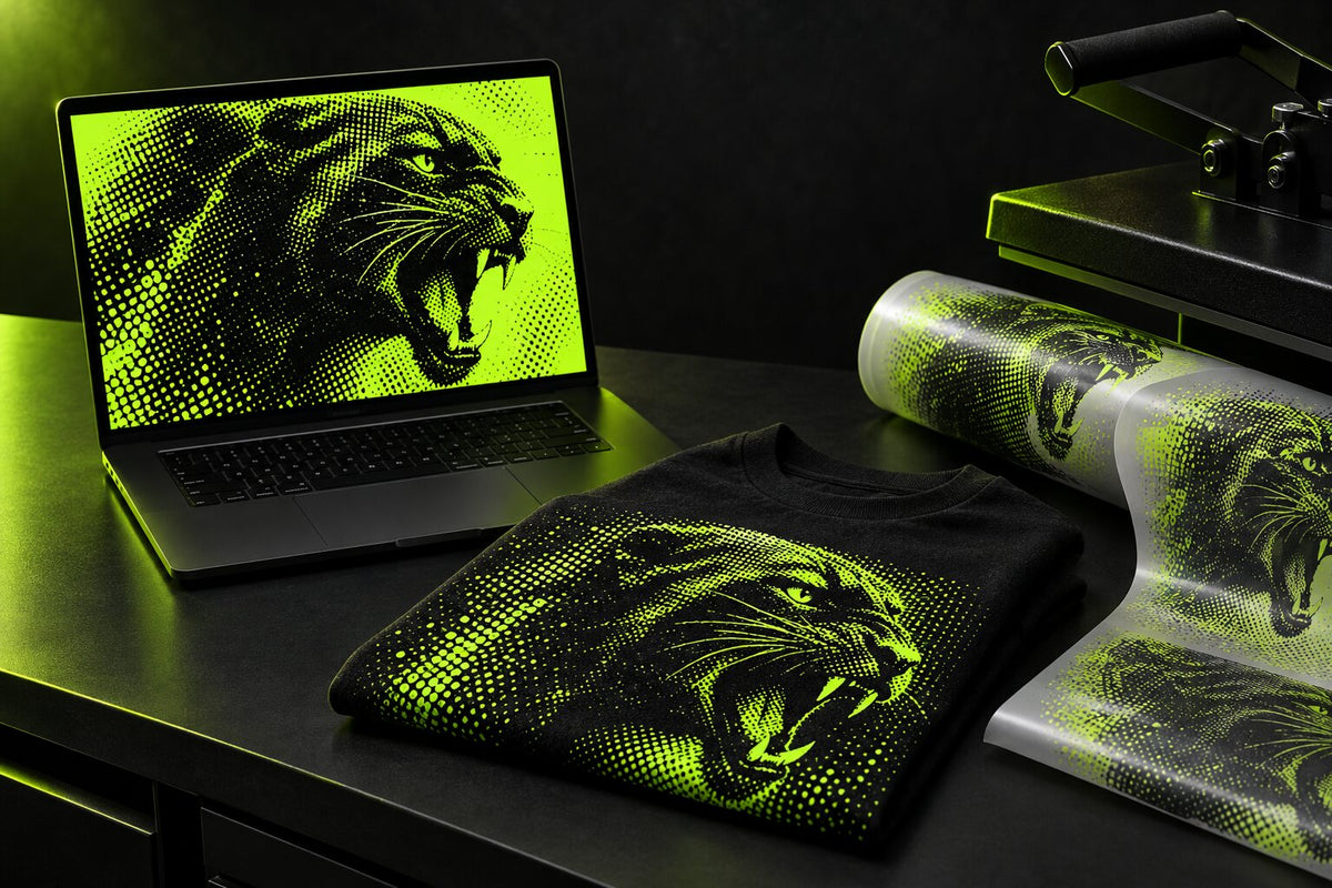 Laptop with a lime halftone panther design next to a printed black tee and DTF transfer film