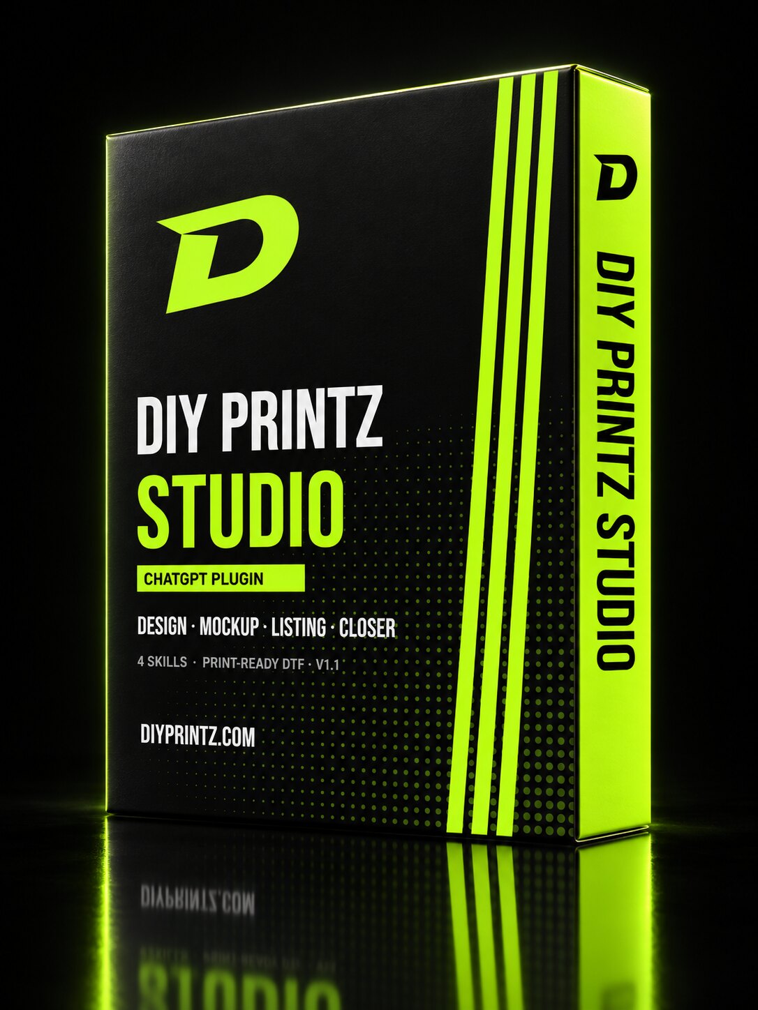 DIY Printz Studio ChatGPT plugin software box in black and lime